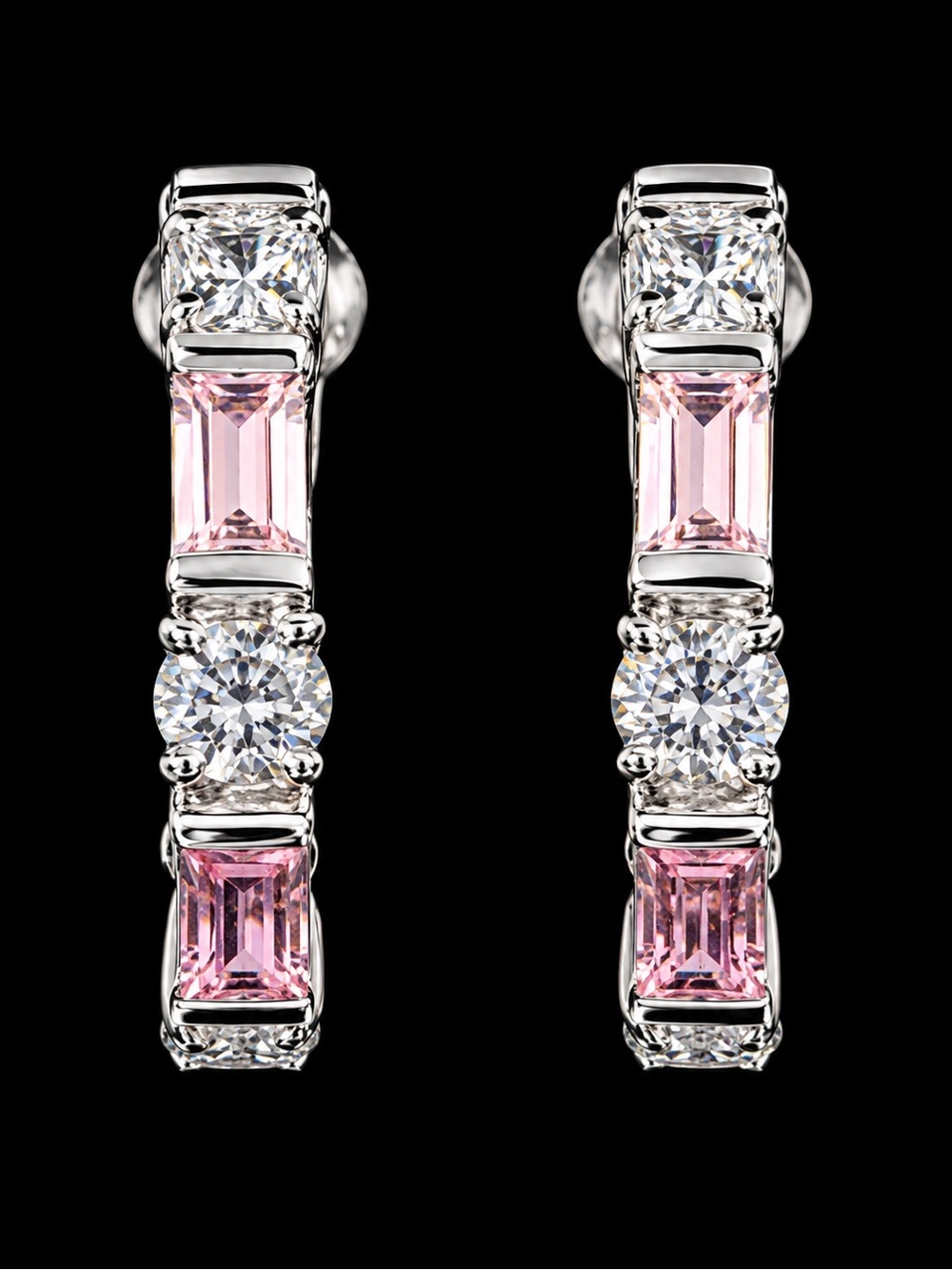 925 Sterling Silver Pink & Clear Crystal Hoop Earrings, NWOT
